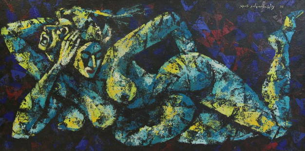 XANTI SCHAWINSKY (SWISS, 1904-1979).: Oil on canvas laid to masonite. "Reclining Nude". 1958. Signed and dated upper right. From a Long Island, NY collection. - Dimensions: 44" high x 88" wide