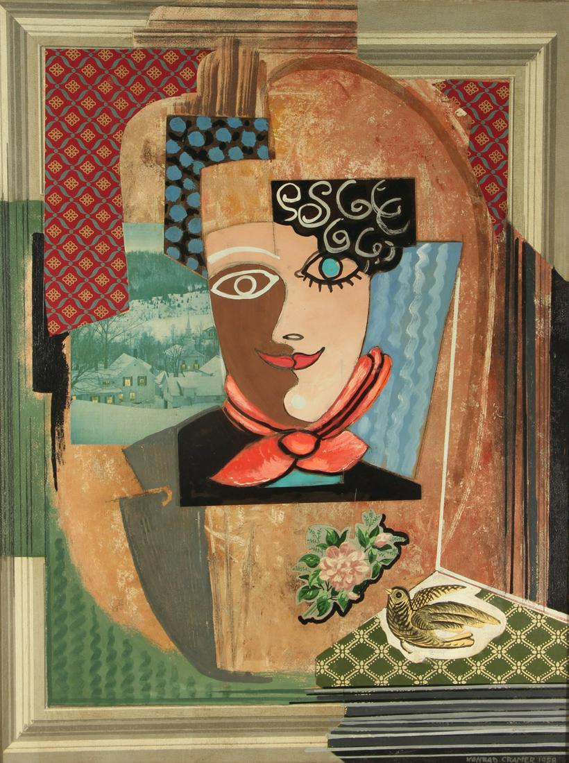 KONRAD CRAMER (AMERICAN,1888 - 1963).: Oil and collage on masonite. "Portrait of Florence." 1958. Signed and dated lower right. Signed, titled, and dated verso. From a Scarsdale, NY collection. - Dimensions: 32" high x 24" wide