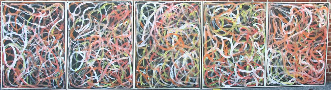 EMILY KAME KNGWARREYE (ABORIGINAL-AUSTRALIAN, c.: 1910-1996). Grouping of 5 acrylics on canvas. "Yam Dreaming". 1996. Dreaming Art Center of Utopia (DACOU) Inventory numbers: 5FT-EK69a-e verso. From a Westchester County, NY collection. - Di