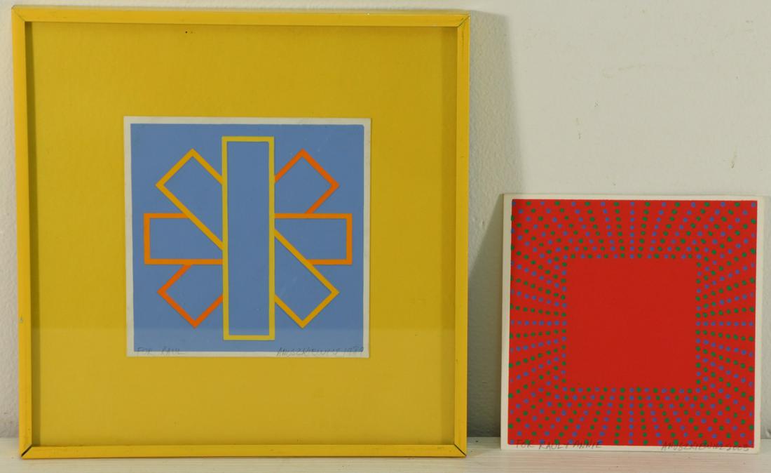 RICHARD ANUSZKIEWICZ (AMERICAN, 1930-2020).: Grouping of two screenprints on card. 1989, signed and dated lower right, dedicated lower left, framed behind glass, not examined out of frame, good, 5.5" high x 5.5" wide; 2003, signed and