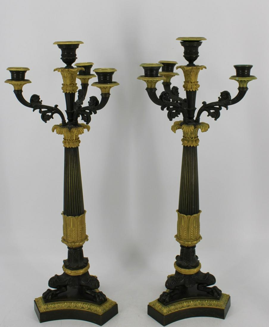 Fine Pair Of Gilt And Patinated Bronze Column: Form Candelabra. From a Westchester NY estate. - Dimensions: 21.5" H