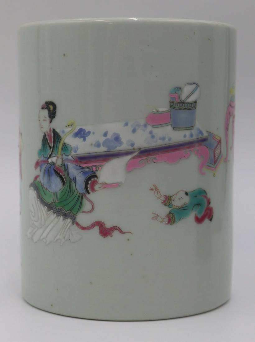 Chinese Famille Rose Brush Pot.: Chinese Famille Rose brush pot with enamel decoration of figures and scholar's items. From a Manhattan, NY estate. Dimensions: brush pot measures approx. 4" diameter x 4.875" h.