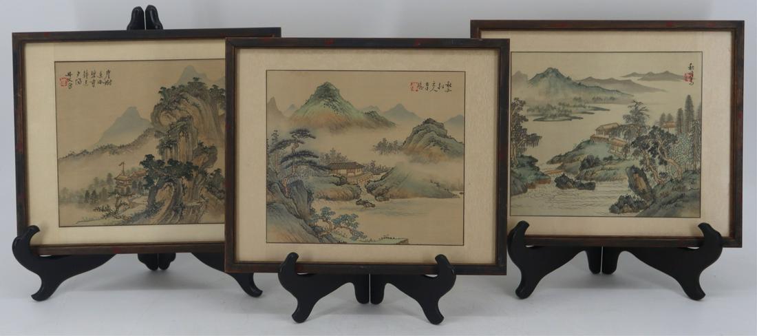 (3) Signed Asian Watercolor Landscapes on Silks. (1 of 11)