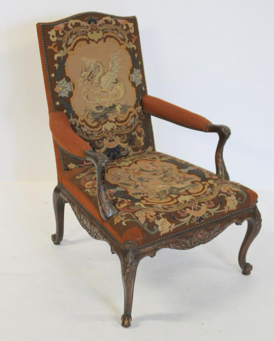 Georgian Carved Gainsborough Chair with: Needlepoint Upholstery. Good large, and deep size with great upholstery. From a Stamford, CT estate. - Dimensions: 43" x 28" x 35"
