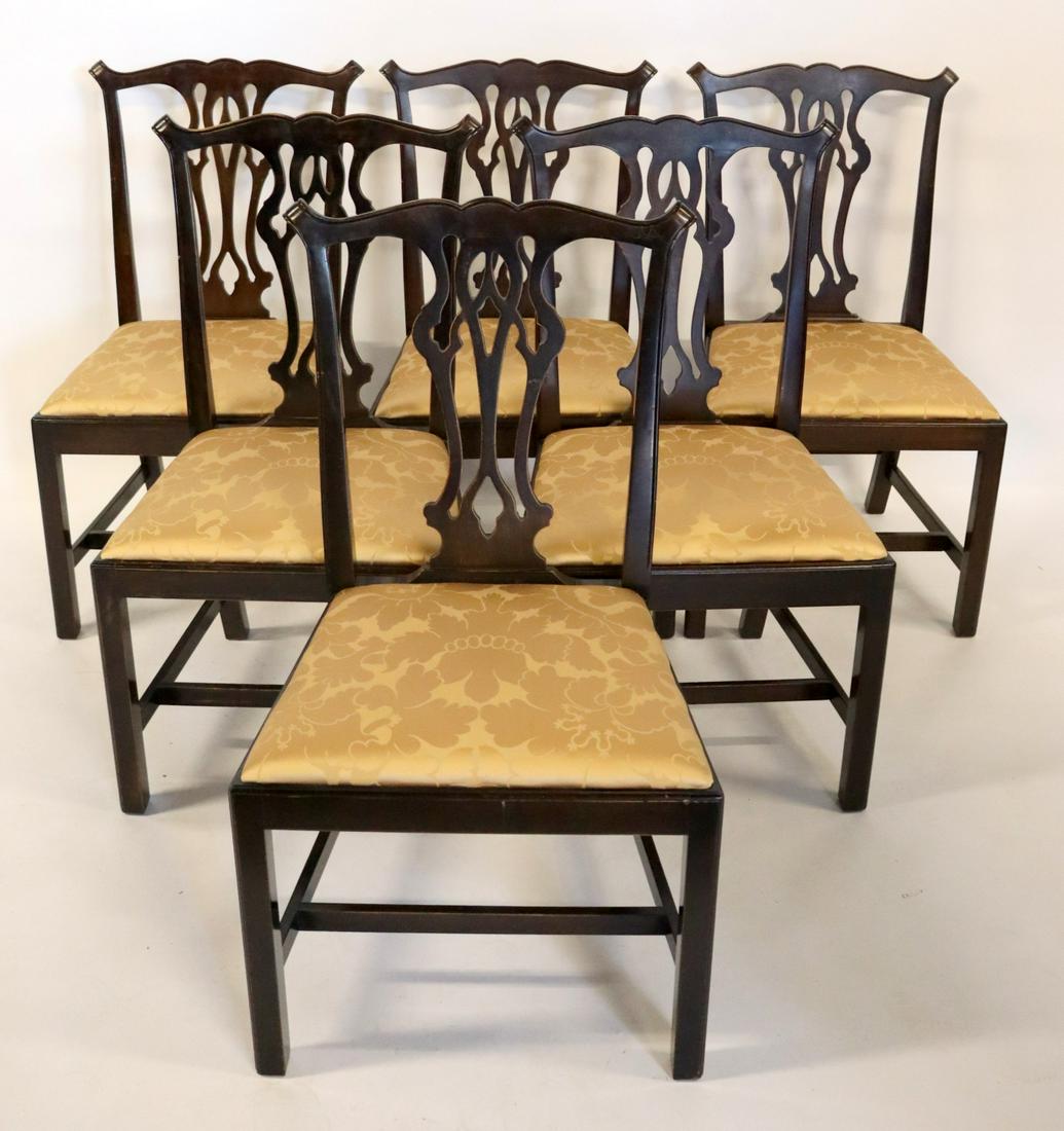 A Set of Six Antique Mahogany Dining Chairs: With gold upholstery cushions. From a Scarsdale NY Estate. Dimensions: 24" w x 17.5" d x 36.5" h and 19" seat height.