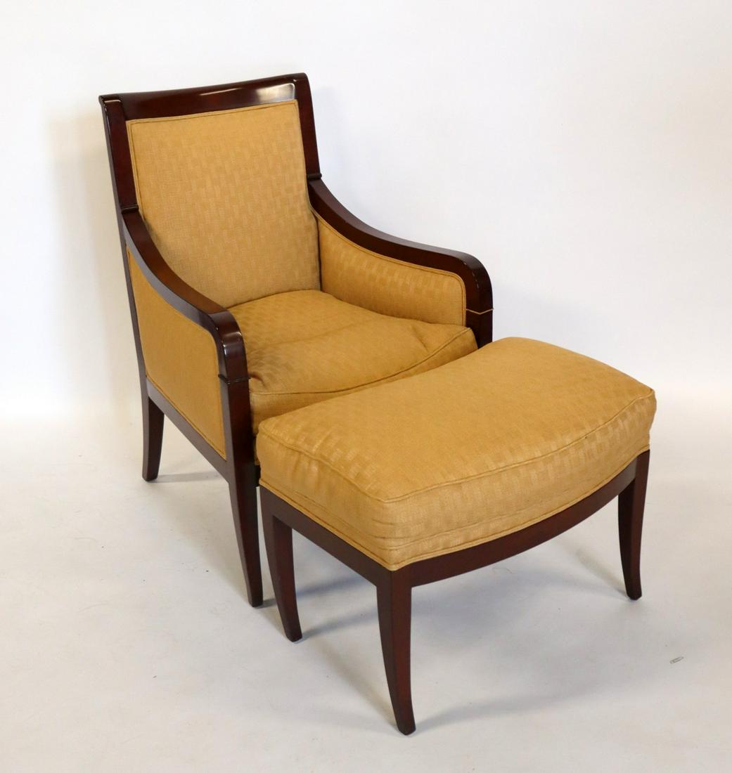 Mahogany Frame Upholstered Chair & Footstool: The footstool (20" h x 19" d x 28" w) is curved to fit to the front of the chair. From a Scarsdale NY Estate. - Dimensions: Chair: 39.5" h x 30" d x 26" w
