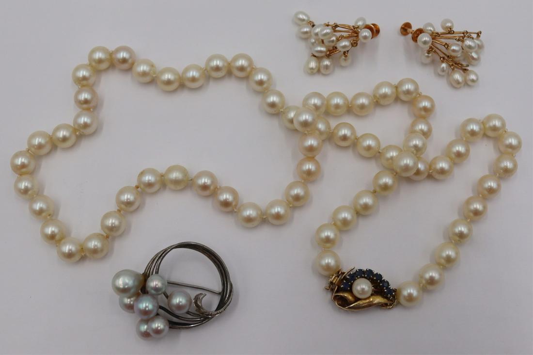 JEWELRY. Pearl Jewelry Group Including Mikimoto.: Includes a single stand of individually knotted 8.0mm pearls and a 14kt yellow gold clasp set with a 6.0mm pearl and (7) round faceted colored gems - stamped, "14K"; a pair of 14kt yellow go
