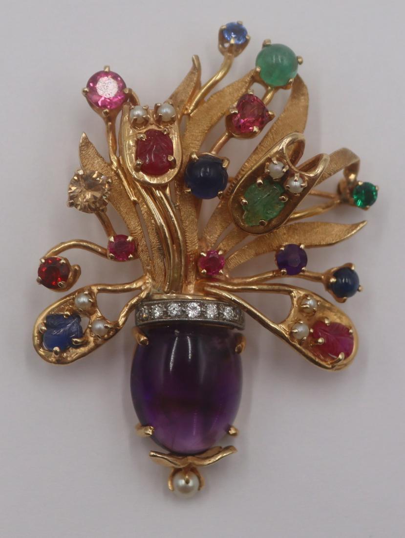 JEWELRY. 14kt Gold, Colored Gem, Pearl and Diamond: Brooch. Vintage 14kt yellow gold brooch or pendant comprised of an amethyst cabochon "vase", a single band of diamond accents, and a floral arrangement accented by colored gem cabochons, car