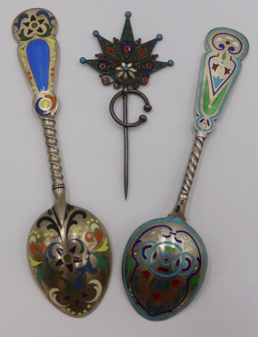 SILVER. (2) Russian Silver Plique-a-Jour Spoons. (1 of 13)