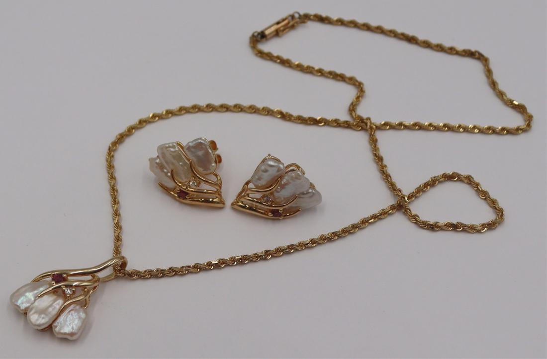 JEWELRY. 14kt Gold, Keshi Pearl, Diamond and Gem: Suite. Includes a 3 piece 14kt yellow gold, keshi pearl, diamond, and colored gem suite comprised of a pendant and a pair of earrings. Pendant is suspended from a 14kt yellow gold chain. Total approx.