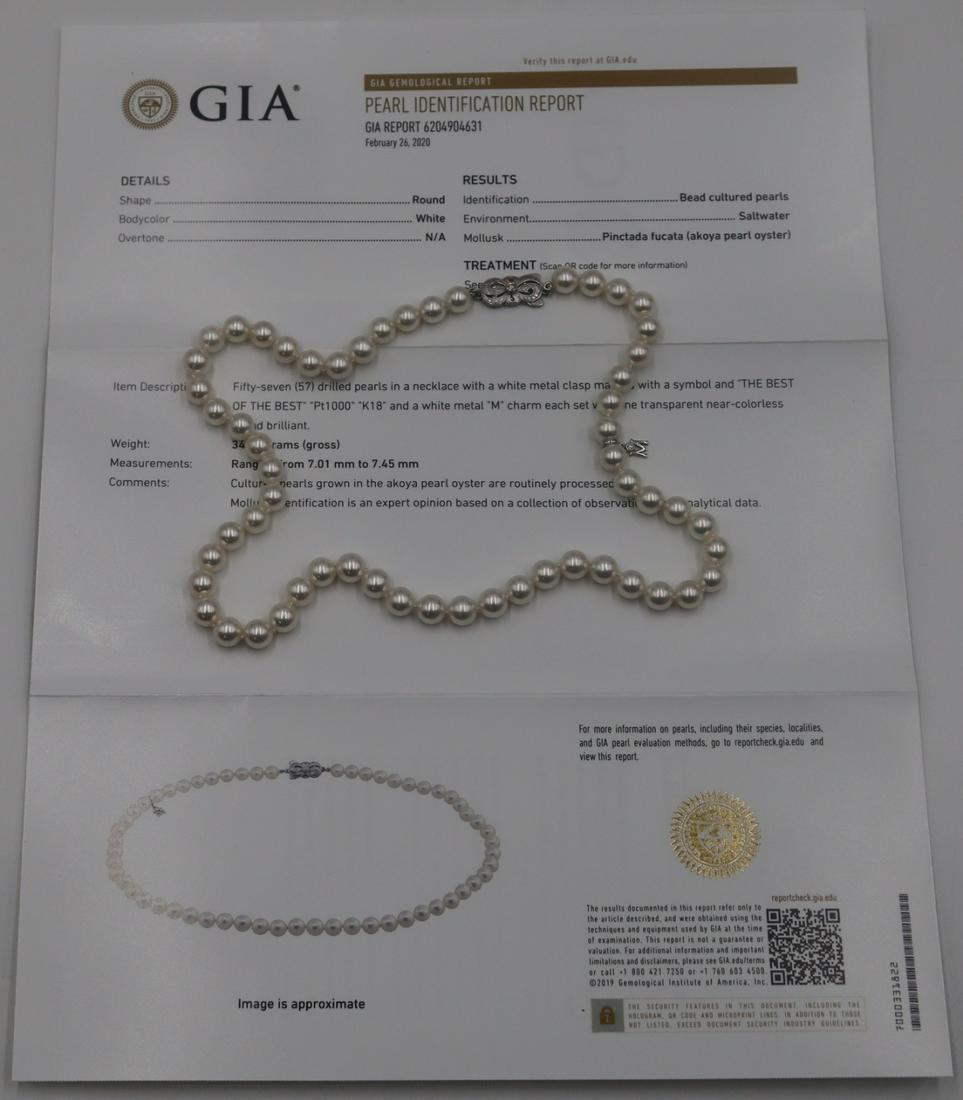 JEWELRY. Mikimoto Akoya Pearl Platinum and Diamond: Necklace. Mikimoto "The Best of the Best" single strand of Akoya pearls with a platinum clasp set with a single bezel set round faceted diamond. Closure is stamped, "The Best of the Bes