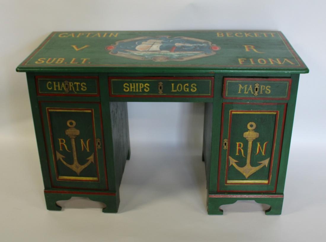 Vintage Paint Decorated Kneehole Desk: From a Mamaroneck, NY estate. - Dimensions: 31" x 49" x 22"