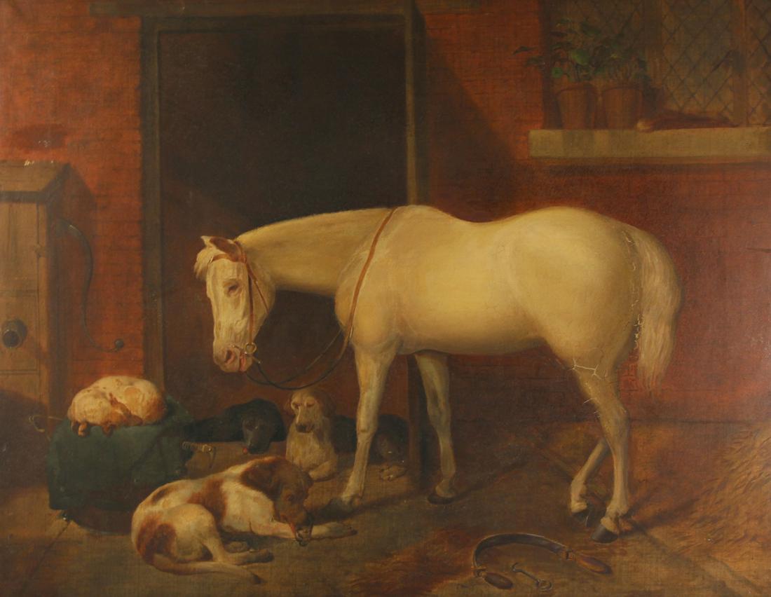 BRITISH SCHOOL (19TH/20TH CENTURY).: Oil on canvas. Stable Scene. From a Long Island, NY collection. - Dimensions: 29" high x 36" wide