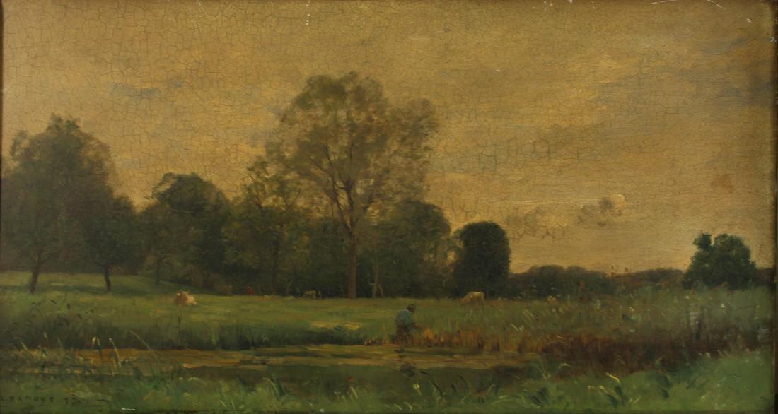 EMMANUEL PIERRE ALPHONSE DAMOYE (FRENCH,: 1847-1916). Oil on panel. Landscape. 1877. Signed and dated lower left. From an Ardsley, NY collection. - Dimensions: 13" high x 23" wide