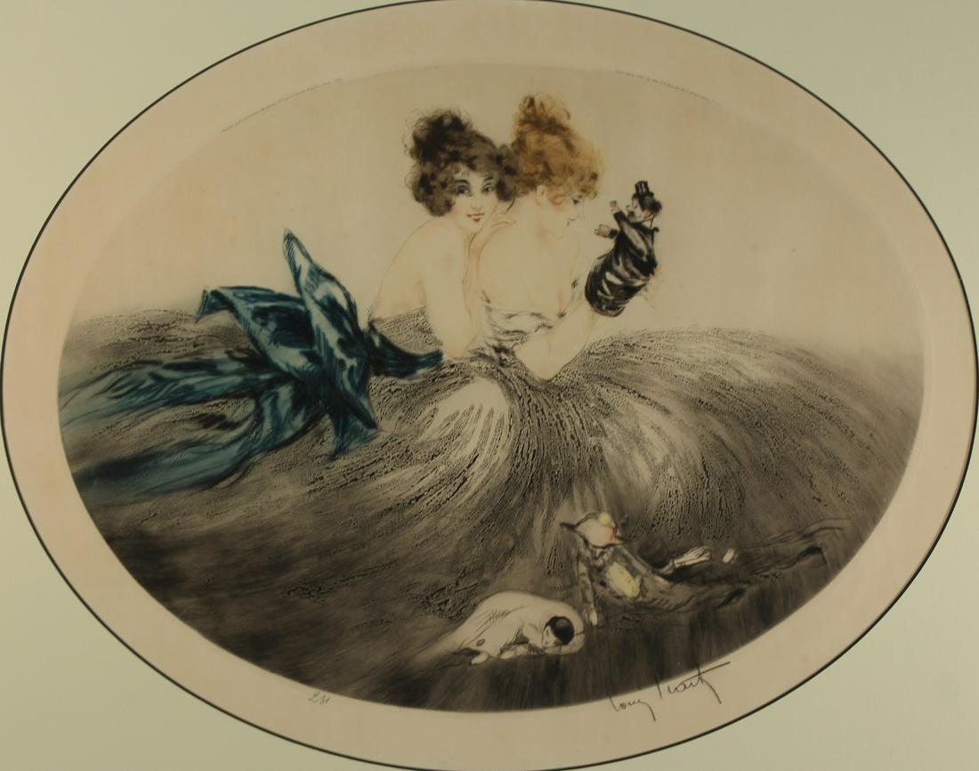 LOUIS ICART (FRENCH, 1888-1950).: Drypoint etching. "Puppet Show". Signed lower right. From a Harrison, NY collection. - Dimensions: Sight: 17" high x 21.5" wide