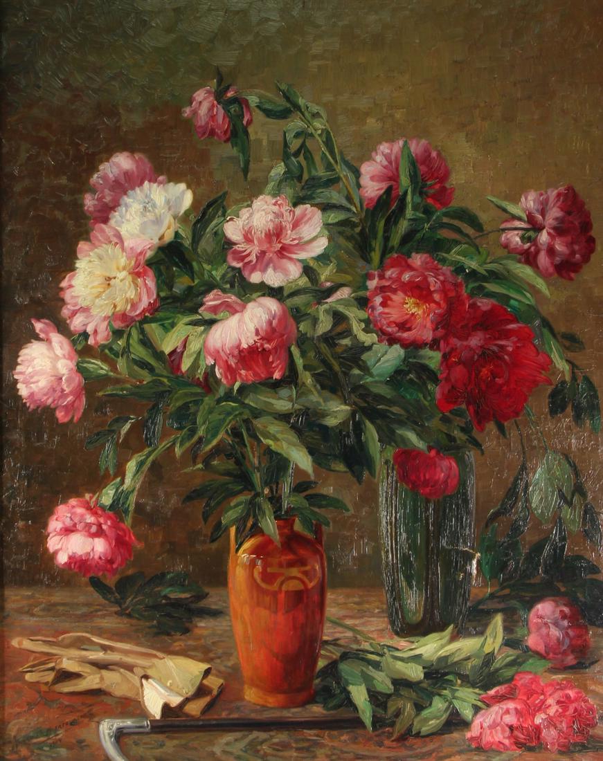 EDMOND DE MAERTELAERE (BELGIAN, 1876-1938).: Oil on canvas. Still Life. 1914. Signed and dated lower left. From a Brooklyn, NY collection. - Dimensions: 39.5" high x 31.5" wide