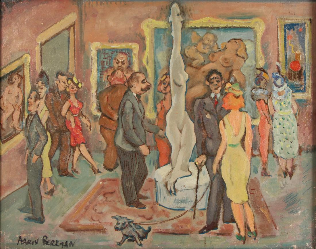 AARON BERKMAN (AMERICAN, 1900-1991).: Oil on board. "The Opening". Signed lower left. c.1930s. Titled verso. From a New York collection. - Dimensions: 16" high x 20" wide