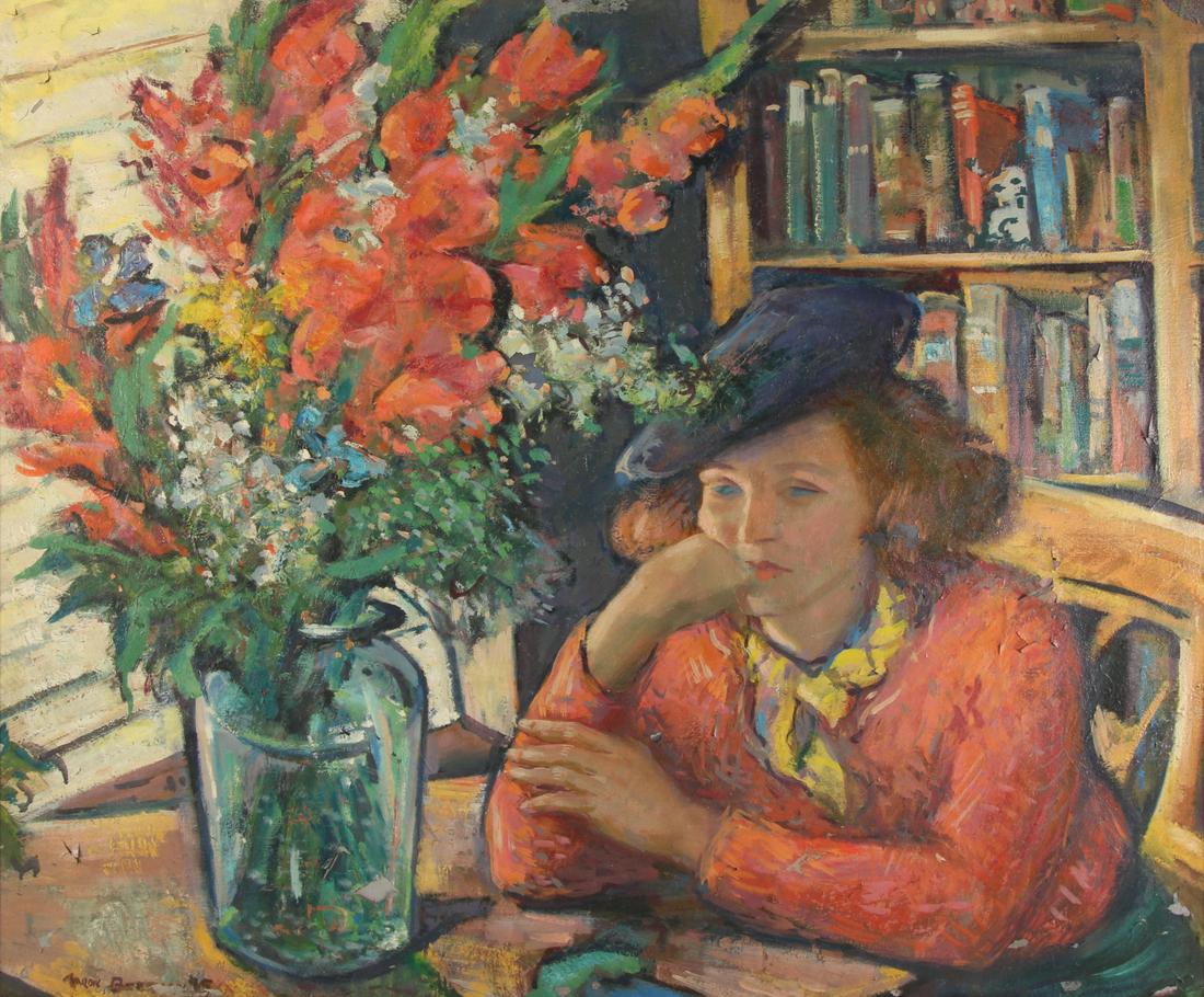AARON BERKMAN (AMERICAN, 1900-1991).: Oil on canvas. "Helen". 1945. Signed and dated lower left. Signed, dated, and titled verso. Hudson River Gallery label verso. From a New York collection. - Dimensions: 24" high x 30" wide