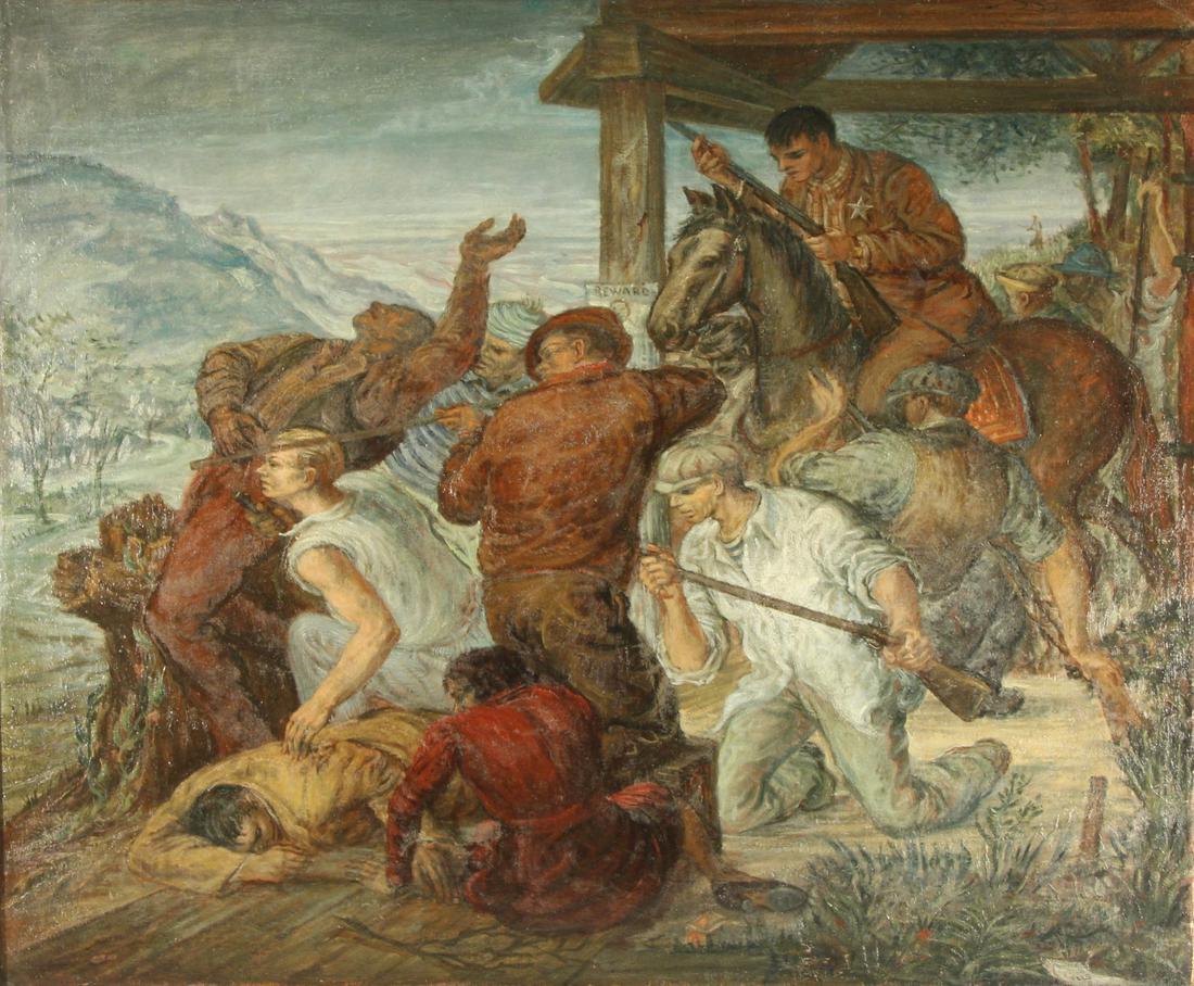 ALBERT PELS (AMERICAN, 1910-1998).: Oil on canvas. Shootout. 1941. Signed lower right. Signed and dated verso. From a New York collection. - Dimensions: 30" high x 36" wide