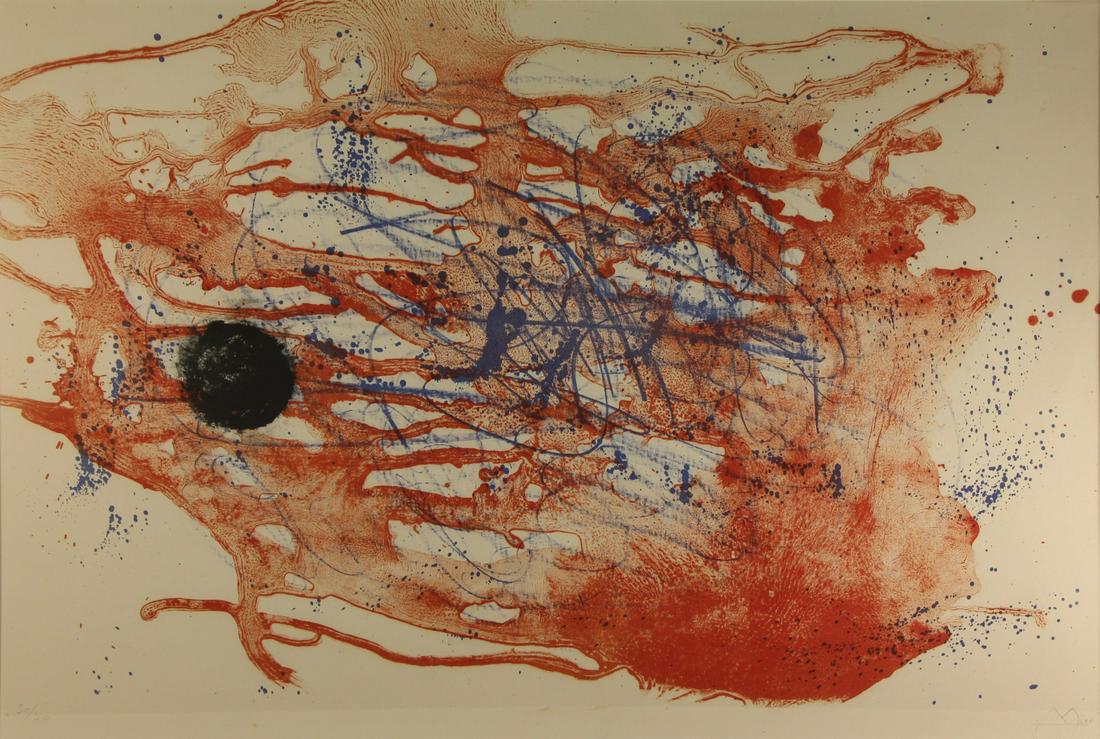 JOAN MIRO (SPANISH, 1896-1986).: Lithograph. "Serie I: Blue and Red". 1960. Signed lower right. No. 30 from an edition of 30. Galerie Maeght label affixed verso. - Dimensions: 23.75" high x 34.75" wide