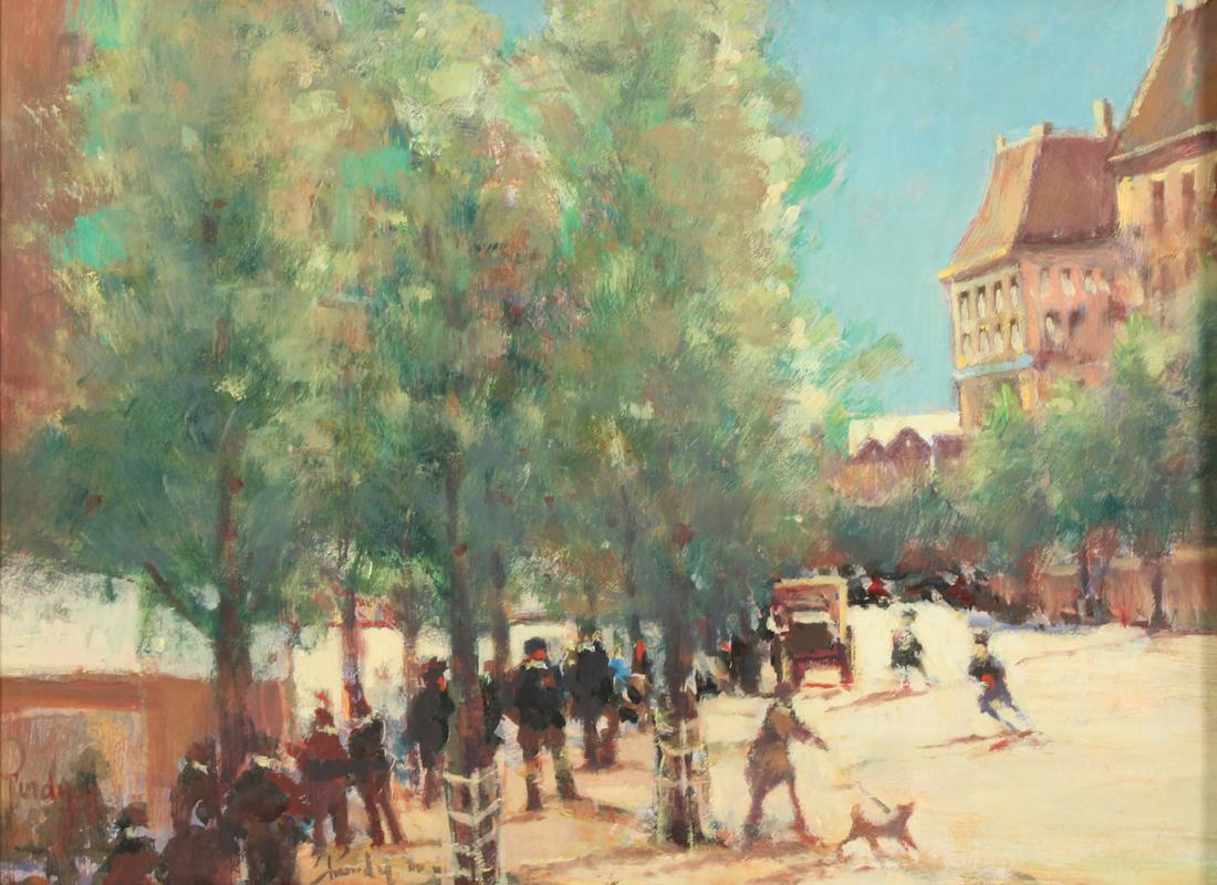 DONALD PURDY (AMERICAN, b. 1924).: Oil on paper laid to board. "Along the Avenue". The Greenwich Gallery label affixed verso. Signed lower left. From a Bronxville, NY collection. - Dimensions: 12" high x 16" wide