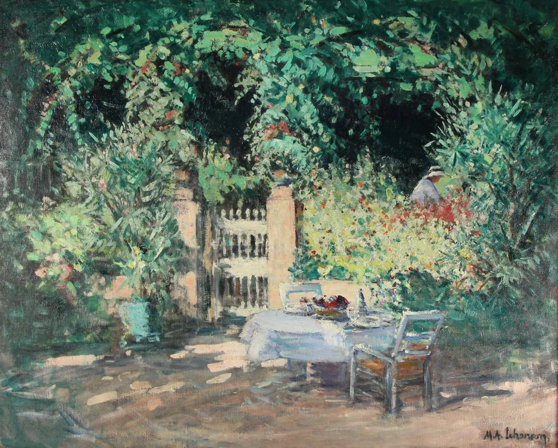 MARIE ANNE ICHANSON (FRENCH, b. 1889).: Oil on canvas. Garden Scene. Signed lower right. From a Bronxville, NY collection. - Dimensions: 32" high x 39.5" wide