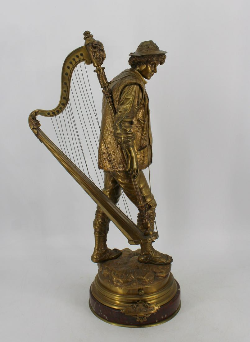 Eutrope Bouret (French1833 - 1906) Signed Gilt: Bronze Sculpture Of A Harpist. A very finely and large sculpture with nice original patina and revolving rouge marble base. Signed on the base. From a Garden City Long Island NY estate. - Dimensions: