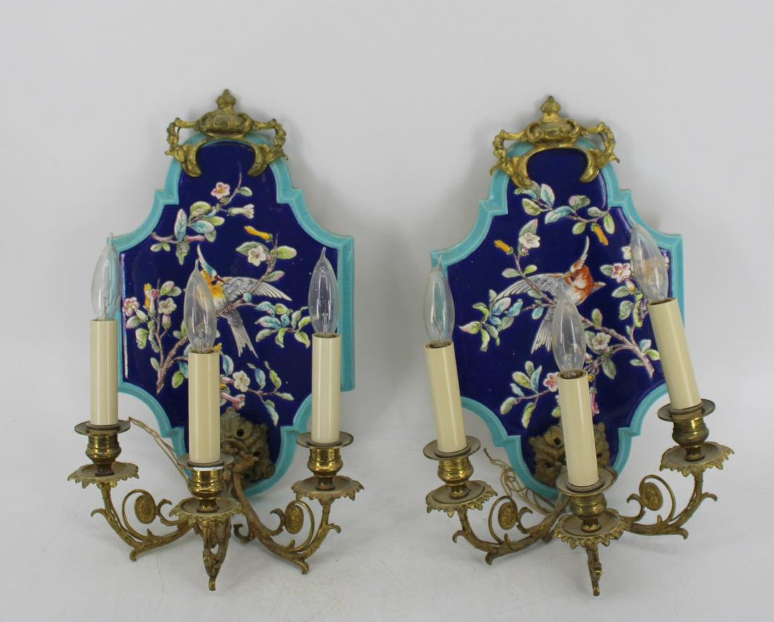 Pr Of Bronze Mounted Enameled Porcelain Sconces: Nice size and quality decorated with birds . From a Long Island NY estate . - Dimensions: 15" x 10"