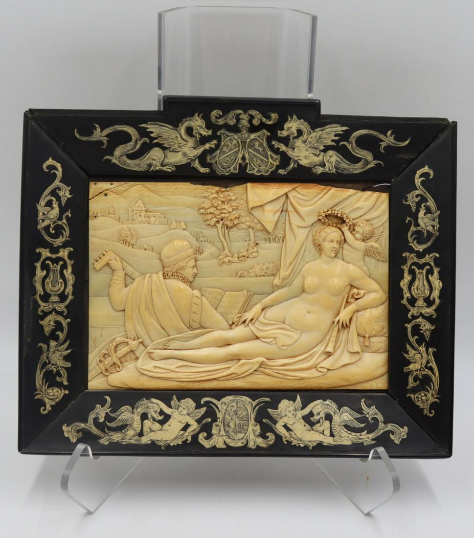 Signed. G. Jorge Continental Carved Plaque.: Signed G. Jorge Continental carved plaque of a reclining nude and a musician. Signed lower right. Carved plaque is displayed within a bone inlaid frame of dragons, shields, lyres, and putti. With pape