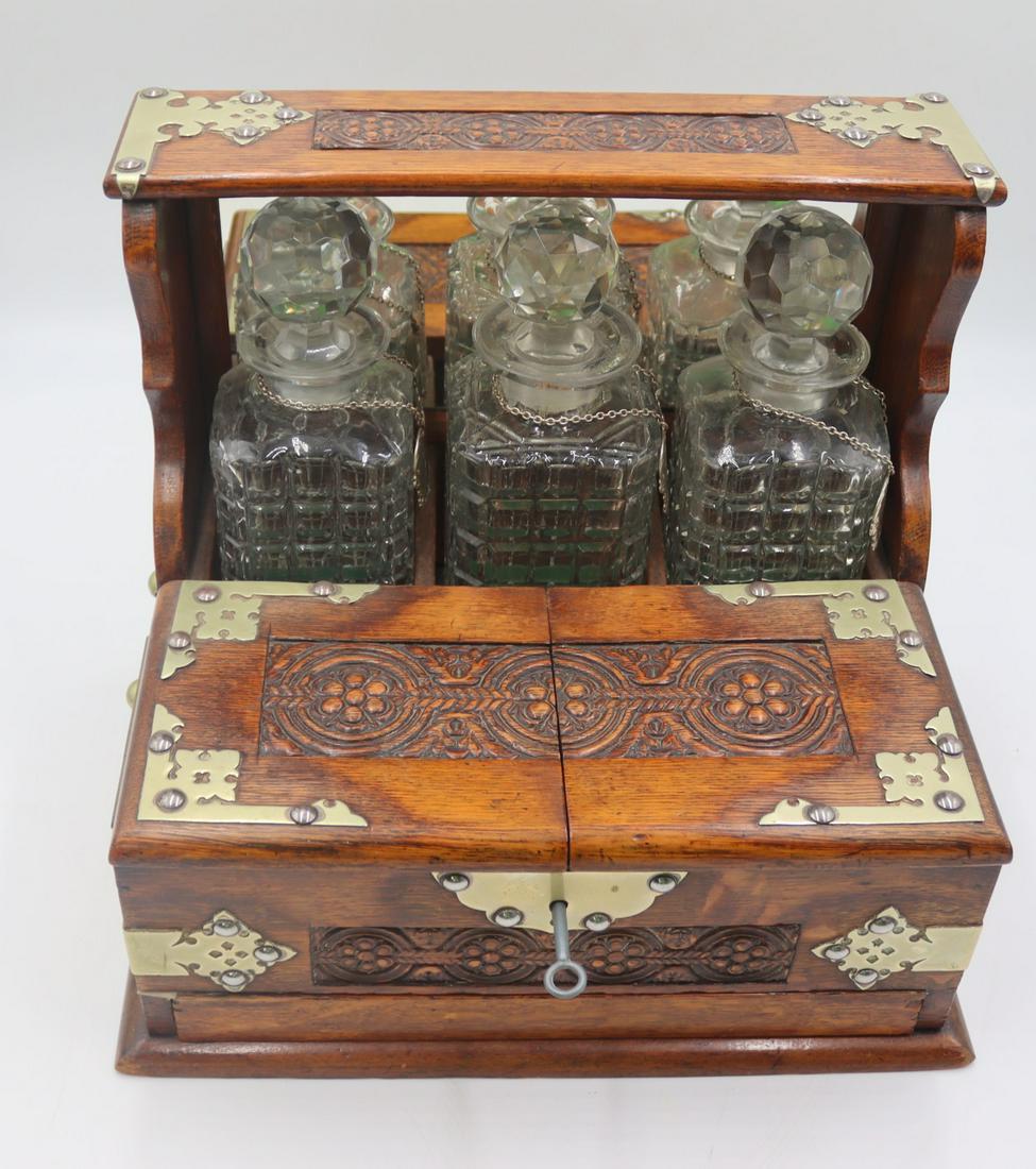 Antique Brass Mounted Oak Tantalus .: Nice patina, quality decanters with lift top front - Dimensions: 12.5" x 13" x 10.5"