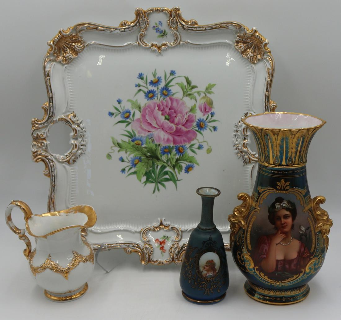 Grouping of Meissen and Royal Vienna.: Includes a signed Royal Vienna paint and gilt decorated portrait vase - 11" h; Meissen porcelain serving tray - 16"; a Meissen gilt decorated jug - 6"; and an unmarked portrait cabinet 