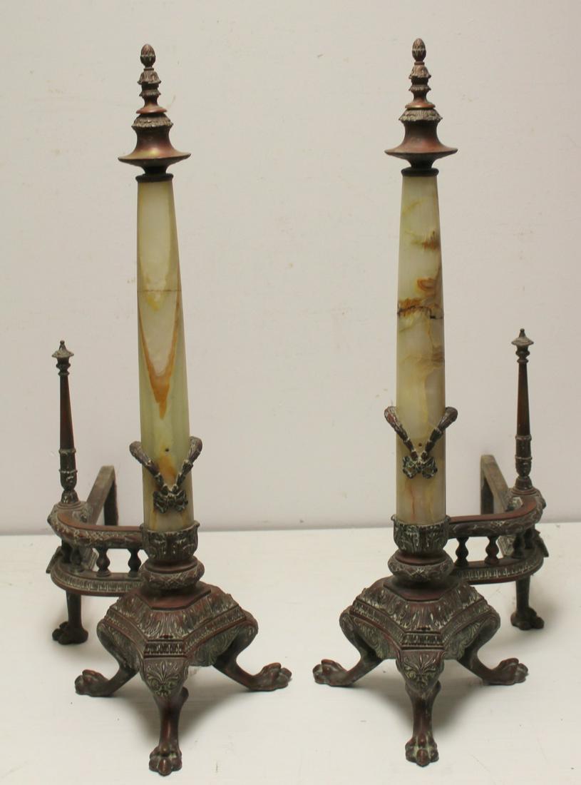 Large Pair Of Antique Bronze Mounted Onyx Andiron.: Nice heavy quality and large. From a Larchmont NY estate. - Dimensions: 30" x 30"