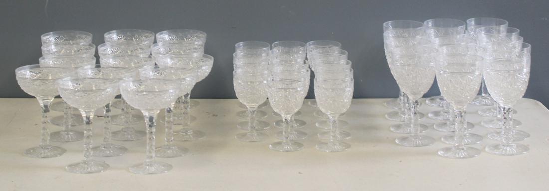 Large Lot Of Tudor Fine Cut Glass Stemware.: To inc , 14 champagne 6" x 4.25" , 14 x 5" x 3" and 14 x 7" x 3.25" From a long Island NY estate.