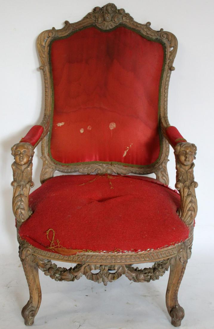 Louis XV Style Figural, Carved Arm Chair.: Good quality, large and sturdy chair. From a Fifth Ave, NYC apt. - Dimensions: 46" h x 27" w x 24" d