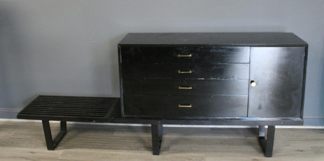 Midcentury George Nelson / Herman Miller Cabinet: On Stand. A nice early unit with a rare 8ft 8" long slatted base. From a Queens NY estate. - Dimensions: Base 14" x 92" x 18.5" Cab