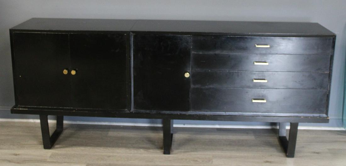 Midcentury George Nelson/Herman Miller Cabinets: On Stand. 2 cabinets on a large 92" slatted stand. From an East 79th St NYC estate. - Dimensions: 38"h x 18.5"d x 90.5"w