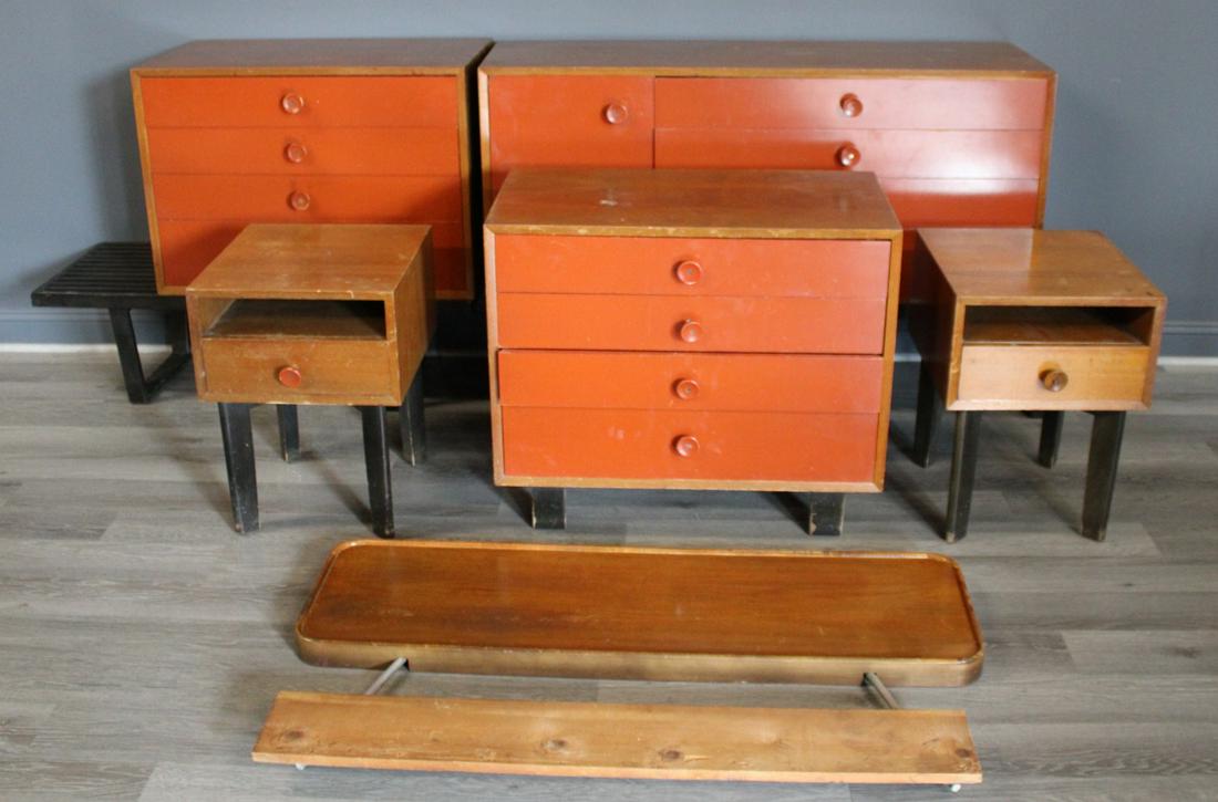 Midcentury Herman Miller / George Nelson Bedroom: Set. To include 2 slatted ebonised benches 48" and 68" long a chest on stand (24 x 56 x 18.5;) & ; another chest on stand (24 x 34 x 18.5), a pair of night stands (24 x 18 x 18.5) a headboard (31 x 54