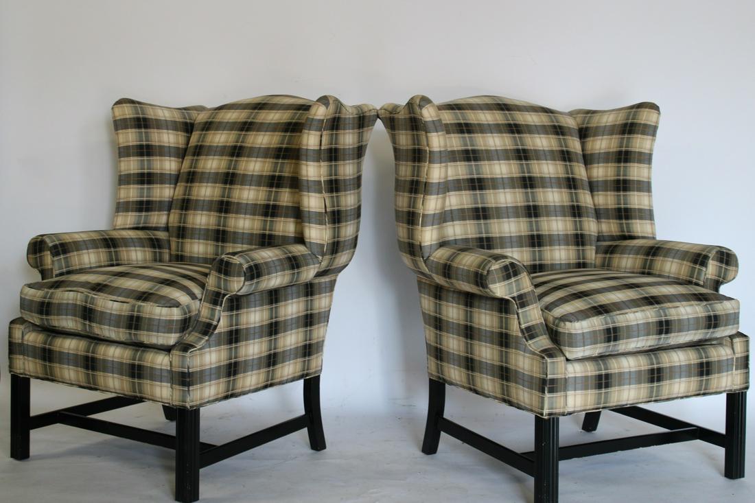 A Vintage Pair Of Upholstered Wing Arm Chairs: A great pair, comfy, nice fabric and a good large size. Signed OP Henry House. From a Westport CT estate. - Dimensions: 42"h x 34" x 31"