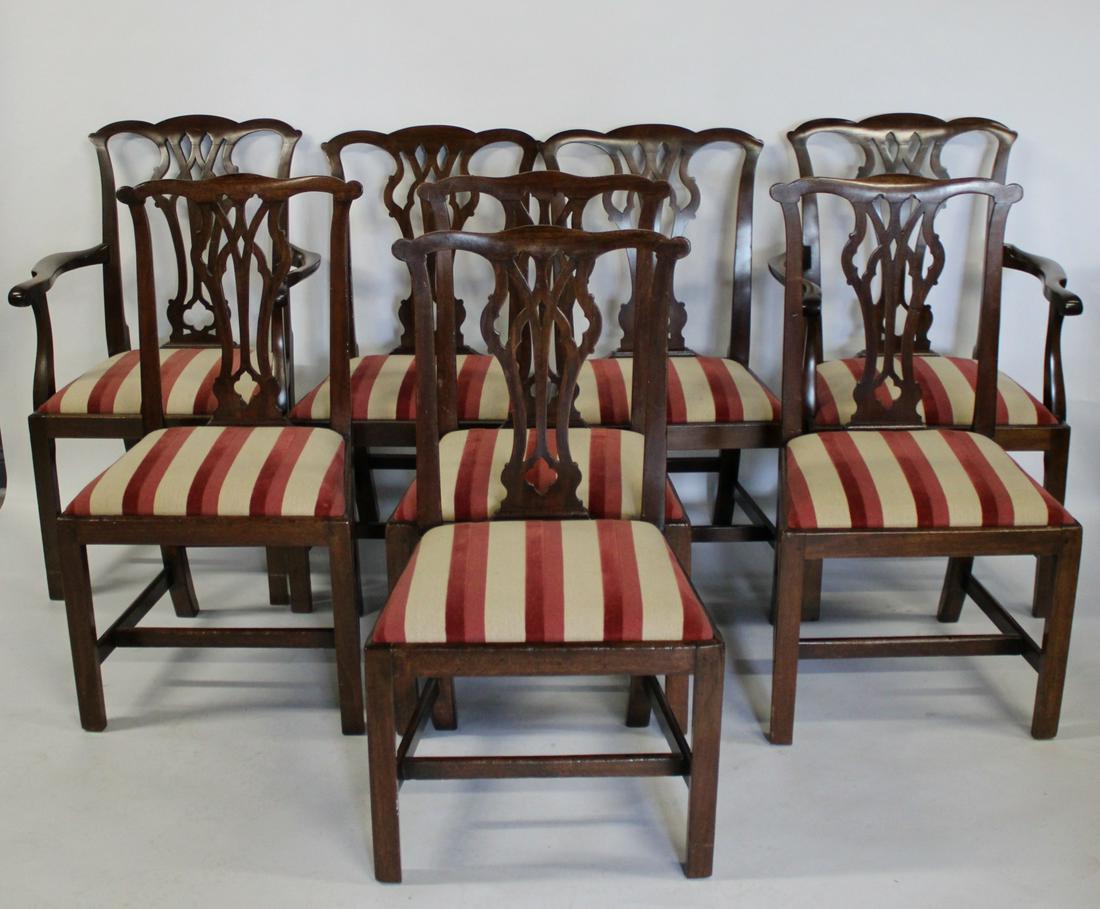 8 Matched Antique Mahogany Hepplewhite Style: Chairs. Very similar in 2 sets of 4. From a Bronxville NY estate. Dimensions: Sides 37.5" h x 16" w x 17" d & Arms 38.75" h x 24.75" w x 17.5" d.