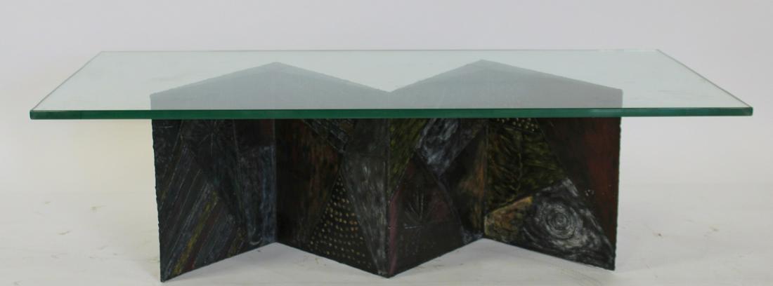 After Paul Evans Decorated Metal Coffee: Table. From a New Jersey home. - Dimensions: 17.25" h x 55" x 23.5"