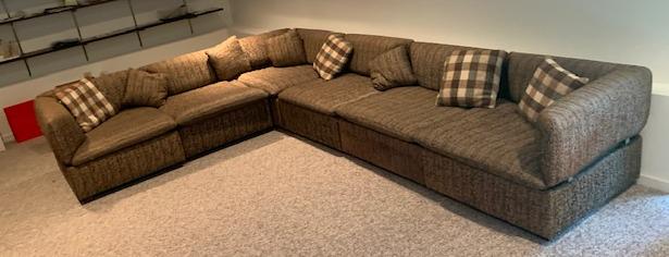 Midcentury Upholstered Sectional Sofa.: A great and comfy sofa in easily removable sections. From a Larchmont NY estate. -Dimensions: 26" h x 31.5" d x 94" w & 125" w