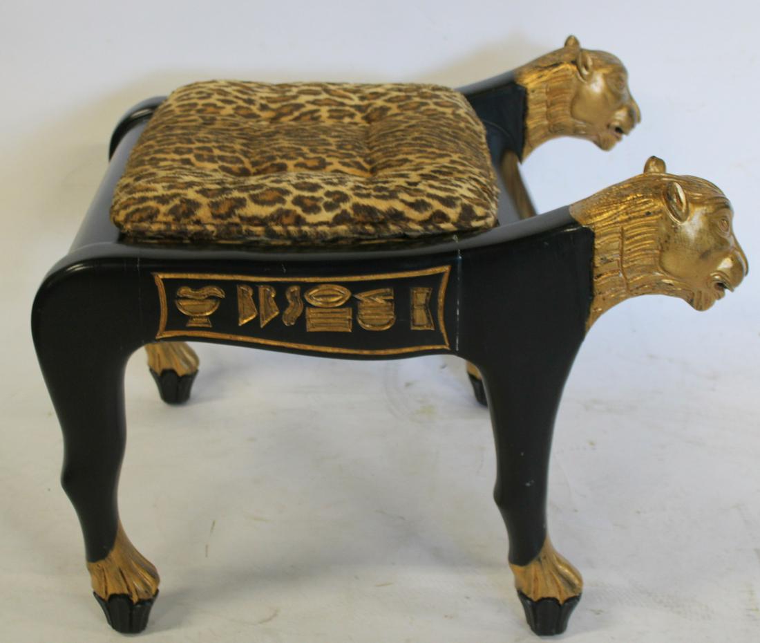 Vintage Ebonised, Carved & Gilt Decorated Egyptian: Revival Bench. Good quality, heavy and sturdy. From a New Rochelle NY estate. - Dimensions: 20" x 26" x 23"