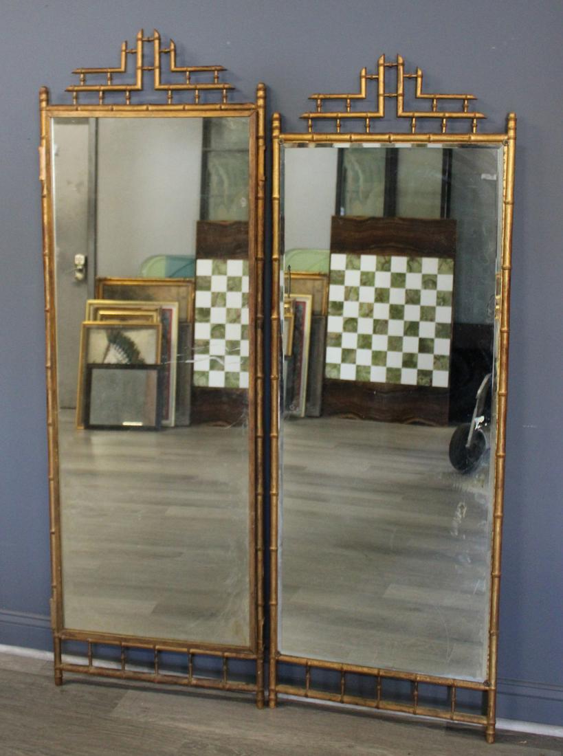 2 Panel Bamboo Form Mirrored Screen.: The back with silk tapestries. From a West Hampton Long Island NY estate. - Dimensions: 74" x 24.5"