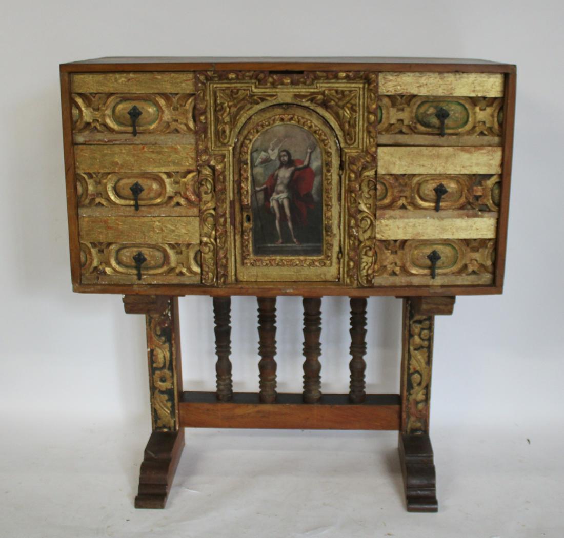 Antique Continental Carved, Paint & Gilt Decorated: Baroque Cabinet On Stand. In a tabernacle form with old master style painting on door. From a Mamaroneck NY estate. - Dimensions: 56.5" x 51" x 20.5"