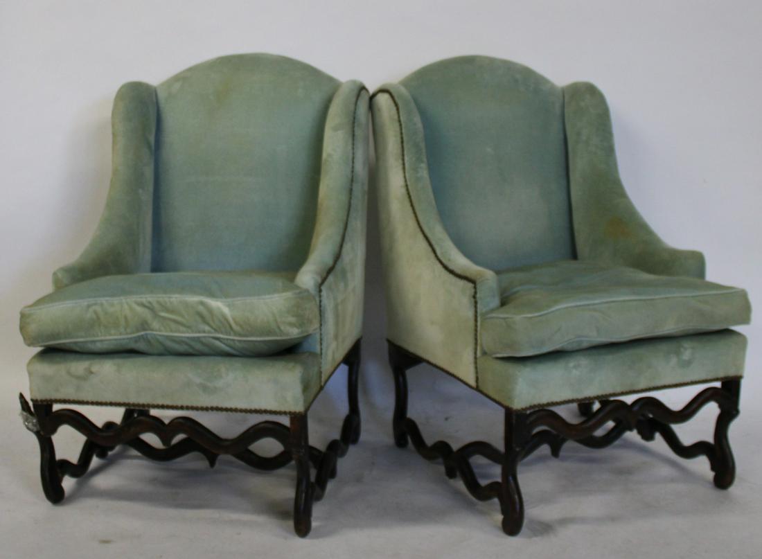 18/19 Century Pair Of Upholstered Wing Arm Chairs: From a Rye NY estate . - Dimensions: 42" x 25" x 27"