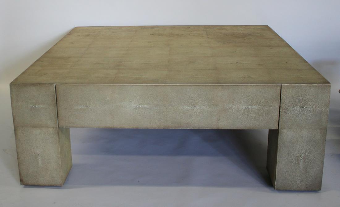 Large Vintage Shagren 1 Drawer Coffee Table .: Signed Lilian August and from a Rye NY estate . - Dimensions: 20" x 54" x 54"