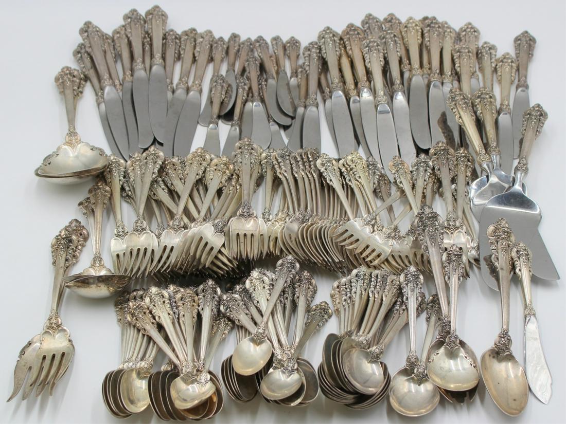 Sterling. Wallace Grande Baroque Sterling Flatware: Set. Comprised of (42) teaspoons - approx. 6 1/4" in length; (19) round bowl soup spoons - approx. 6" in length; (3) dinner forks - approx. 8" in length; (30) salad forks - approx. 6 5/