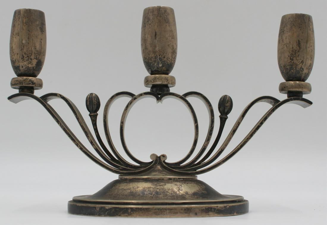 SILVER. Danish Evald Nielsen Silver Candelabra.: A monogrammed Danish Evald Nielsen .826 silver three light candelabra. Stamped to underside with the pictorial hallmark of the Copenhagen Three Towers representing a minimum silver purity of 826/1000,