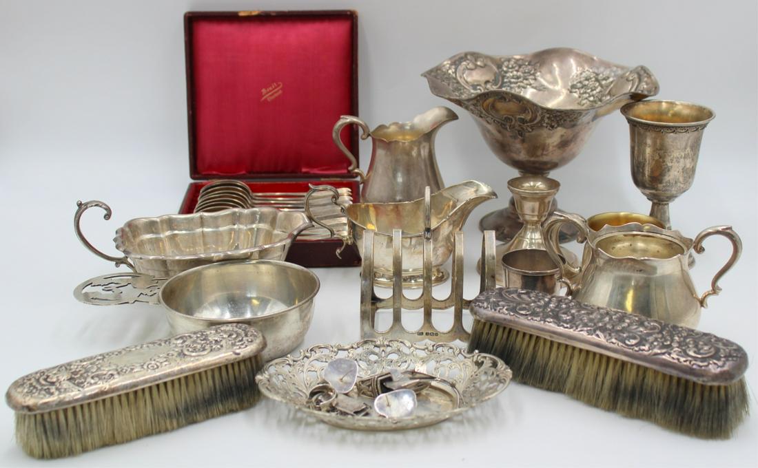 STERLING. Assorted Grouping of Sterling, English: Silver, and Continental Silver Hollowware. Including an Israeli sterling kiddush cup with wire work accents and an interior gold wash - stamped, "Israel 925"; a Gorham sterling child's cup w