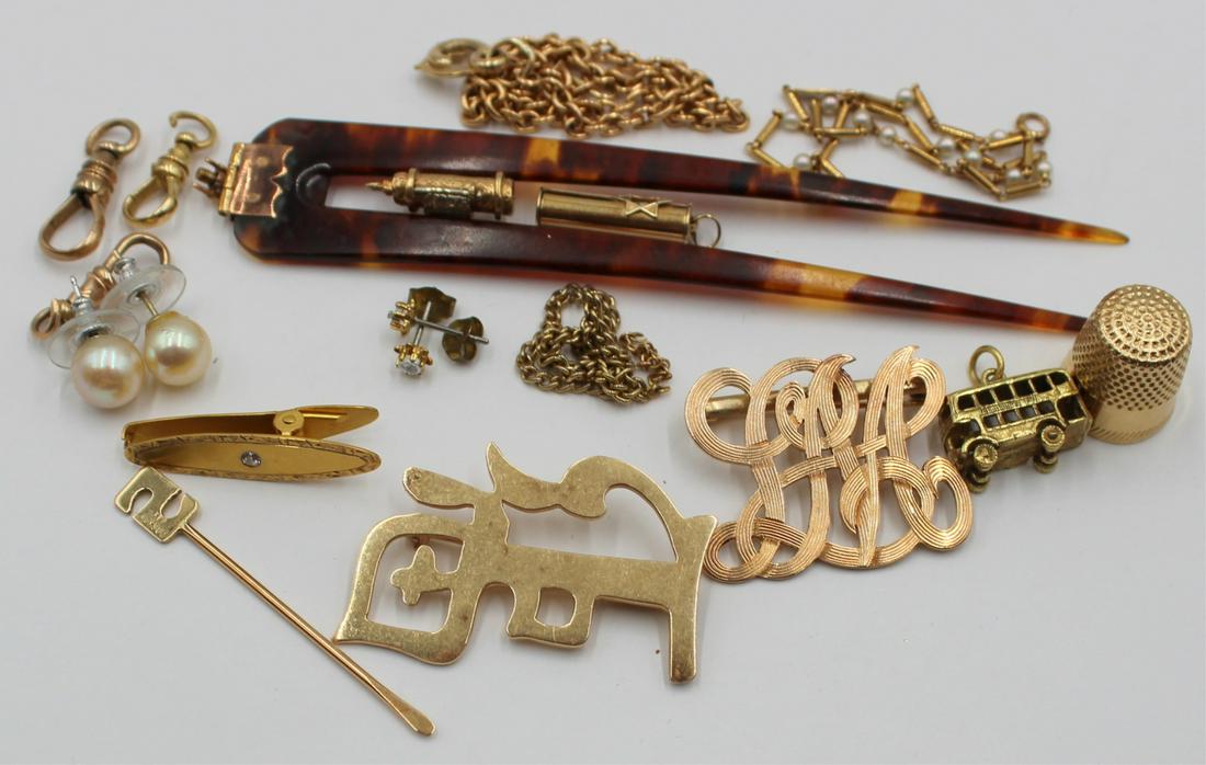 JEWELRY. Assorted Gold Jewelry Grouping.: Including a pair of 14kt white gold pearl studs - stamped, "585"; a Lucien Piccard 14kt yellow gold bracelet with pearls - stamped, "14K"; (2) 14kt yellow gold mezuzah charms one m
